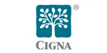The image displays a logo with text that reads  CIGNA  above a stylized graphic resembling a leaf, accompanied by a tree branch design and a globe motif at the bottom.